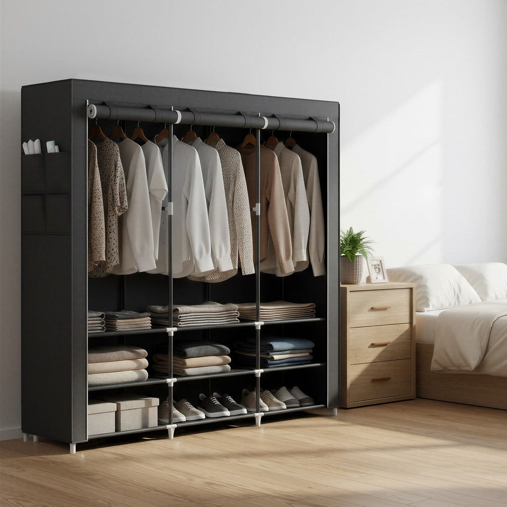 Kleiderschrank aus Stoff mit 3 Hängefächern, Regalen und 4 Taschen, Garderobe für Schlafzimmer