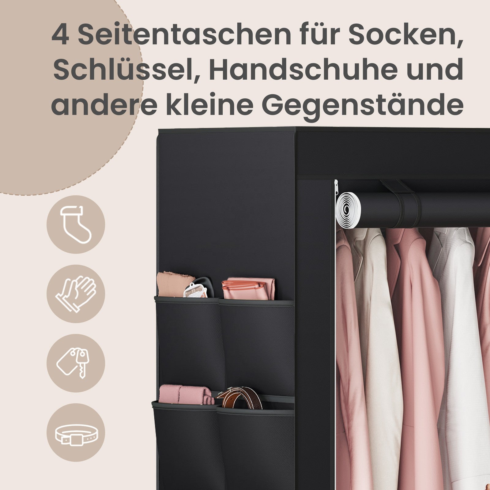 Kleiderschrank aus Stoff mit 3 Hängefächern, Regalen und 4 Taschen, Garderobe für Schlafzimmer