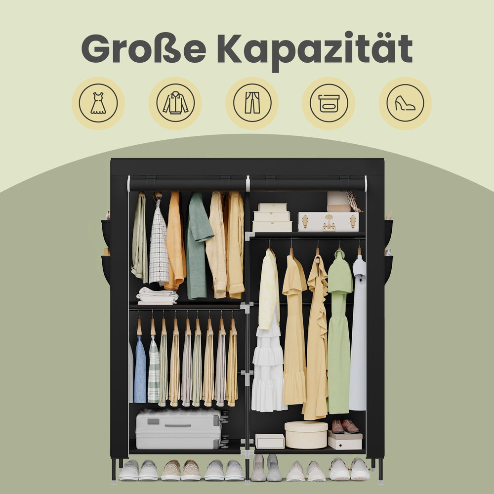 Stoffschrank mit Kleiderstange, Kleiderschrank mit Seitentaschen, Schrank für Schlafzimmer