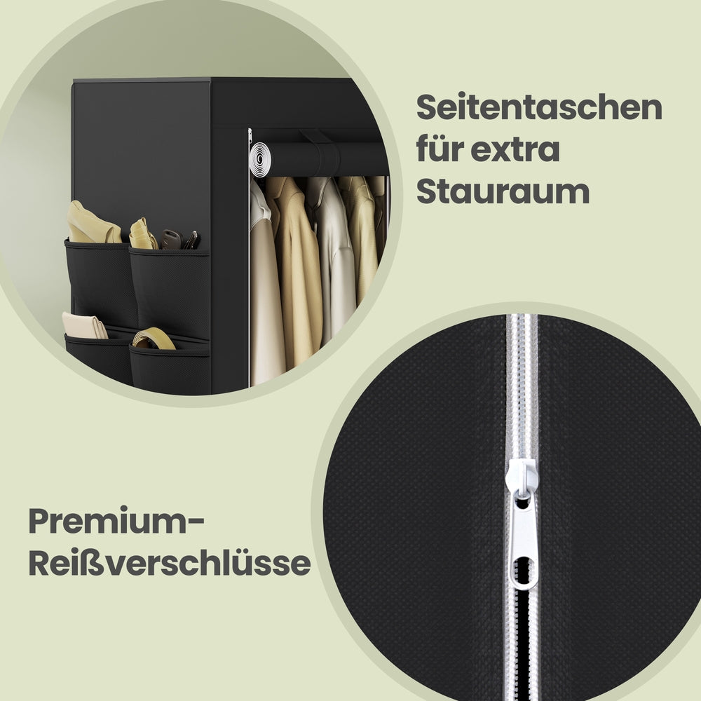 Stoffschrank mit Kleiderstange, Kleiderschrank mit Seitentaschen, Schrank für Schlafzimmer