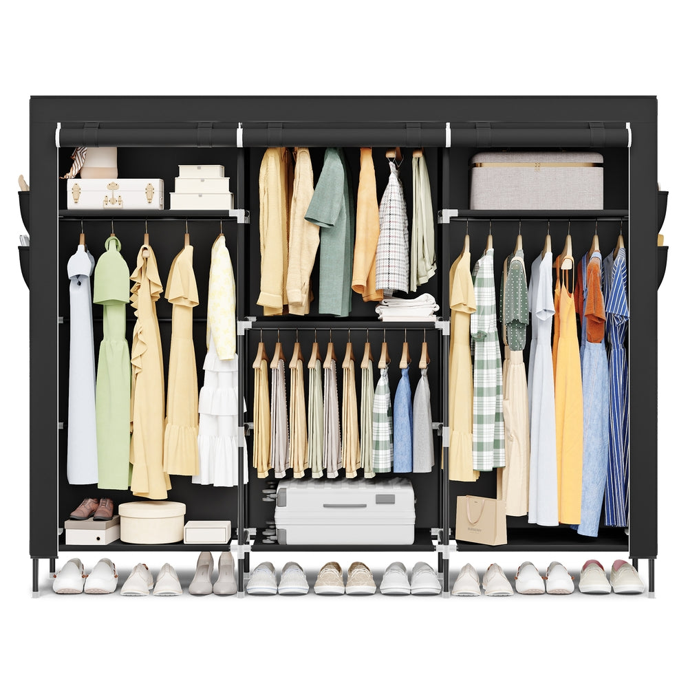 Stoffschrank mit Kleiderstange, Kleiderschrank mit Seitentaschen, Schrank für Schlafzimmer