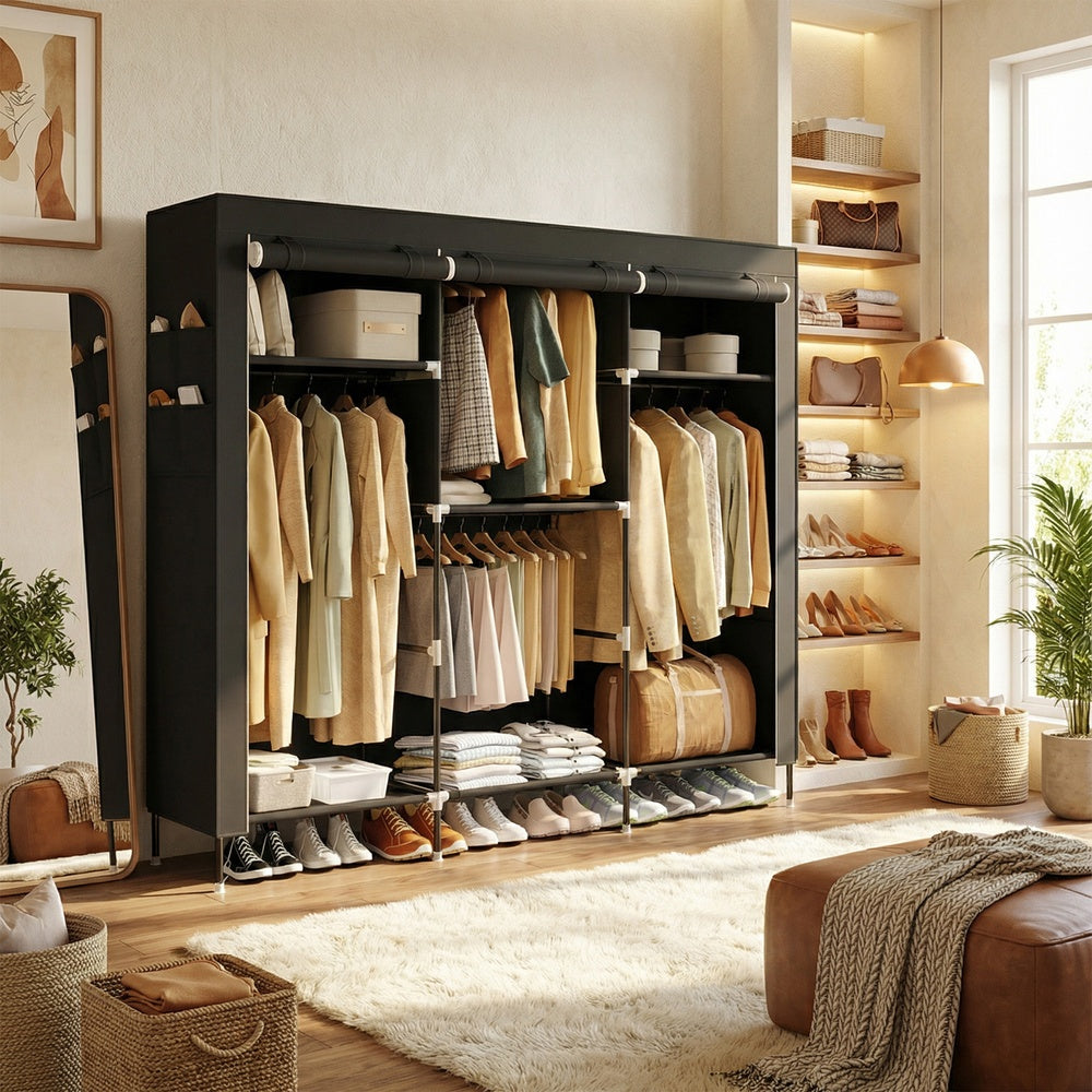 Stoffschrank mit Kleiderstange, Kleiderschrank mit Seitentaschen, Schrank für Schlafzimmer