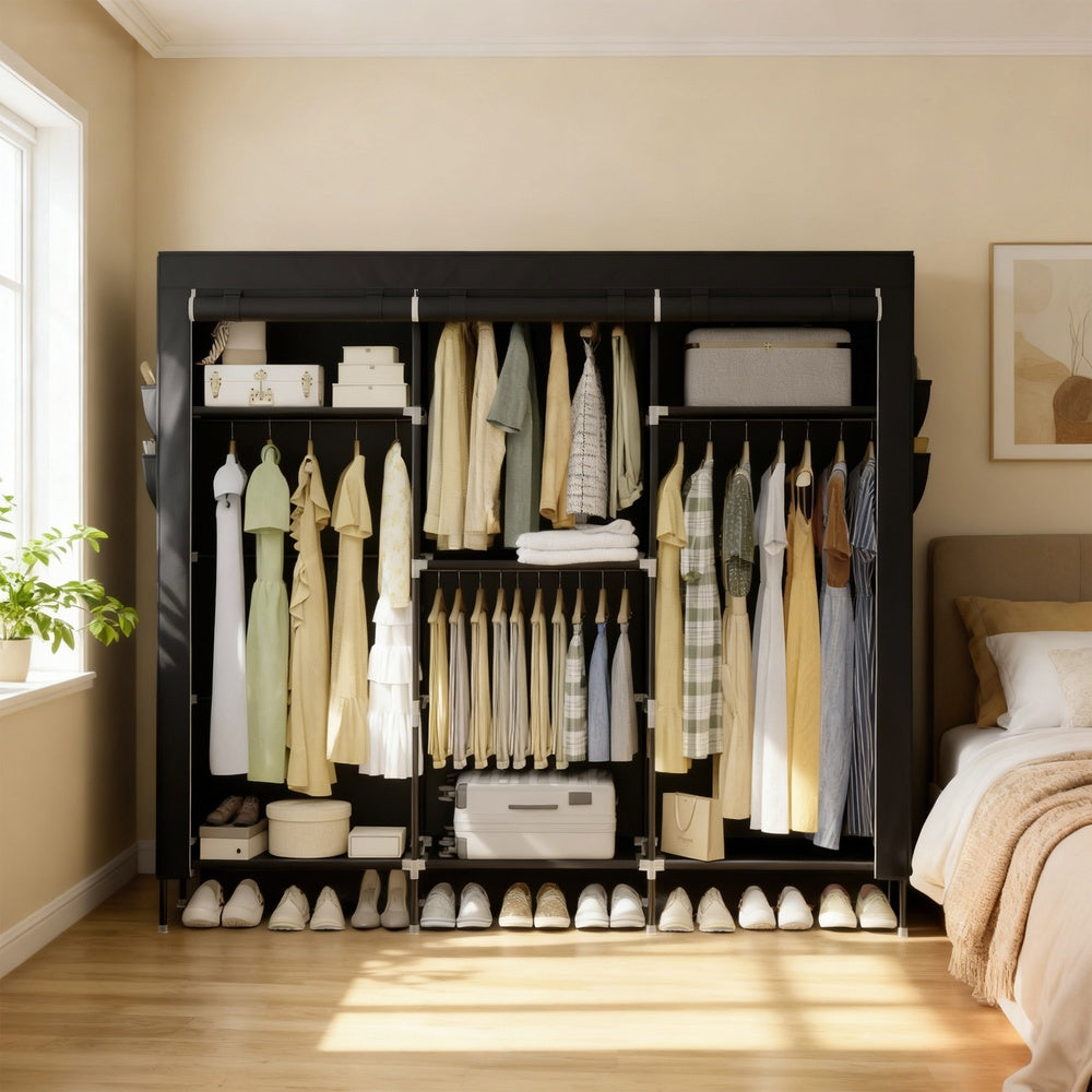 Stoffschrank mit Kleiderstange, Kleiderschrank mit Seitentaschen, Schrank für Schlafzimmer