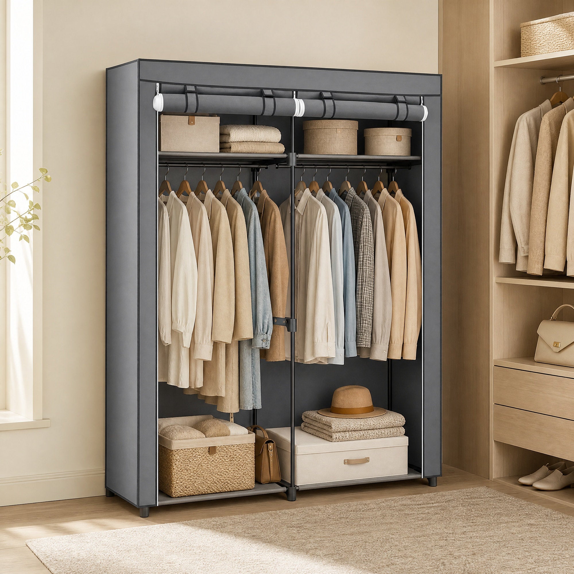 Kleiderschrank, Garderobe mit 2 Kleiderstangen, Kleidungsaufbewahrung
