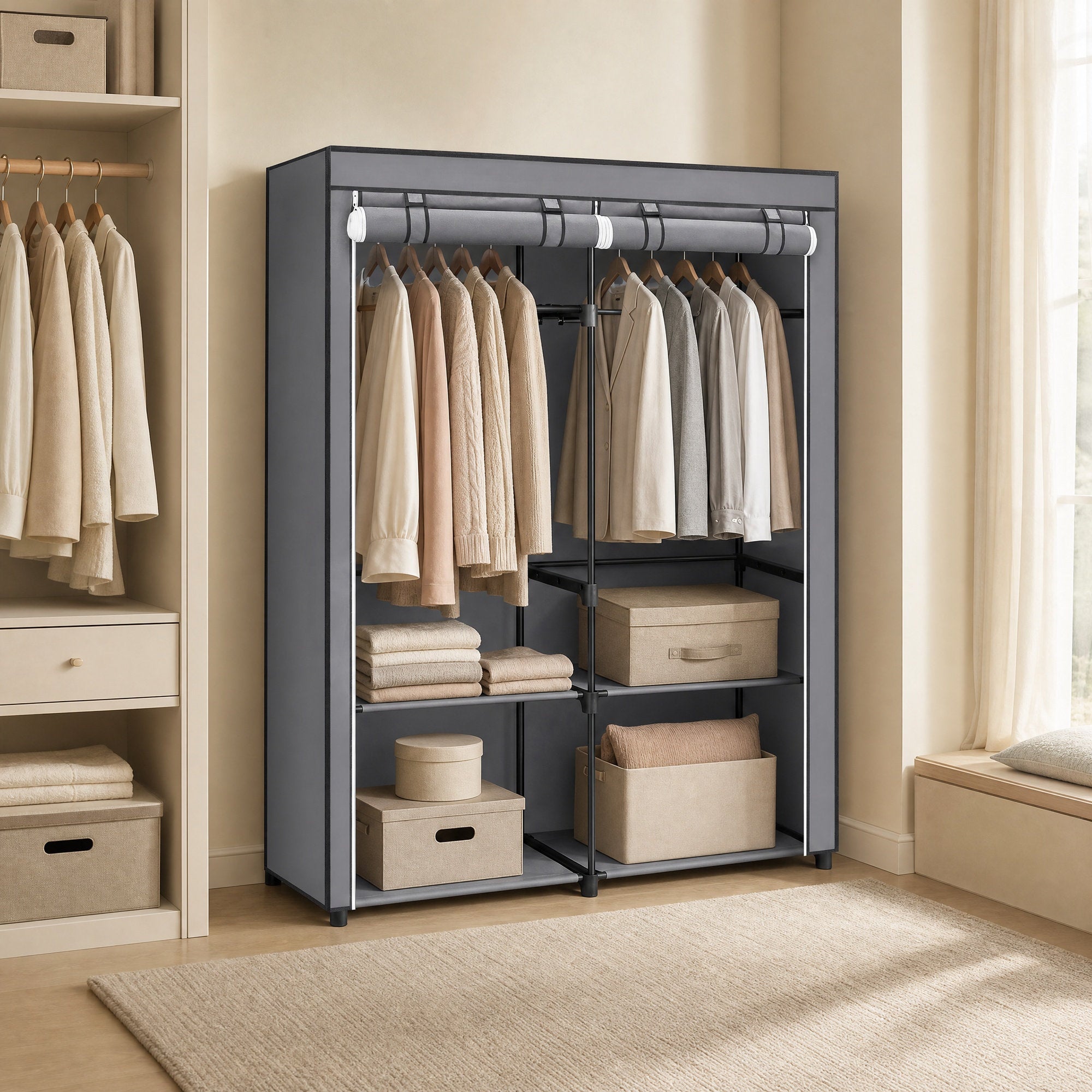 Kleiderschrank, Garderobe mit 2 Kleiderstangen, Kleidungsaufbewahrung