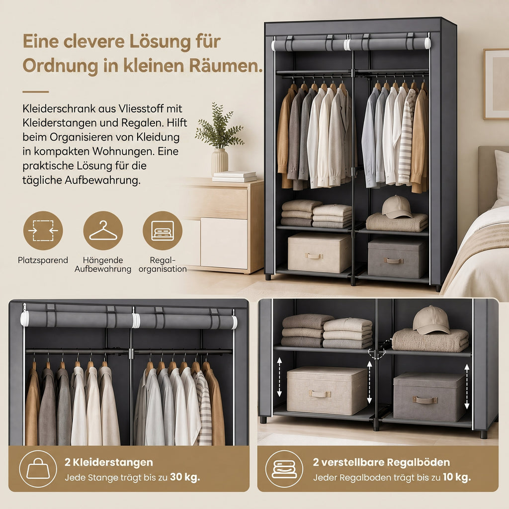 Kleiderschrank, Garderobe mit 2 Kleiderstangen, Kleidungsaufbewahrung