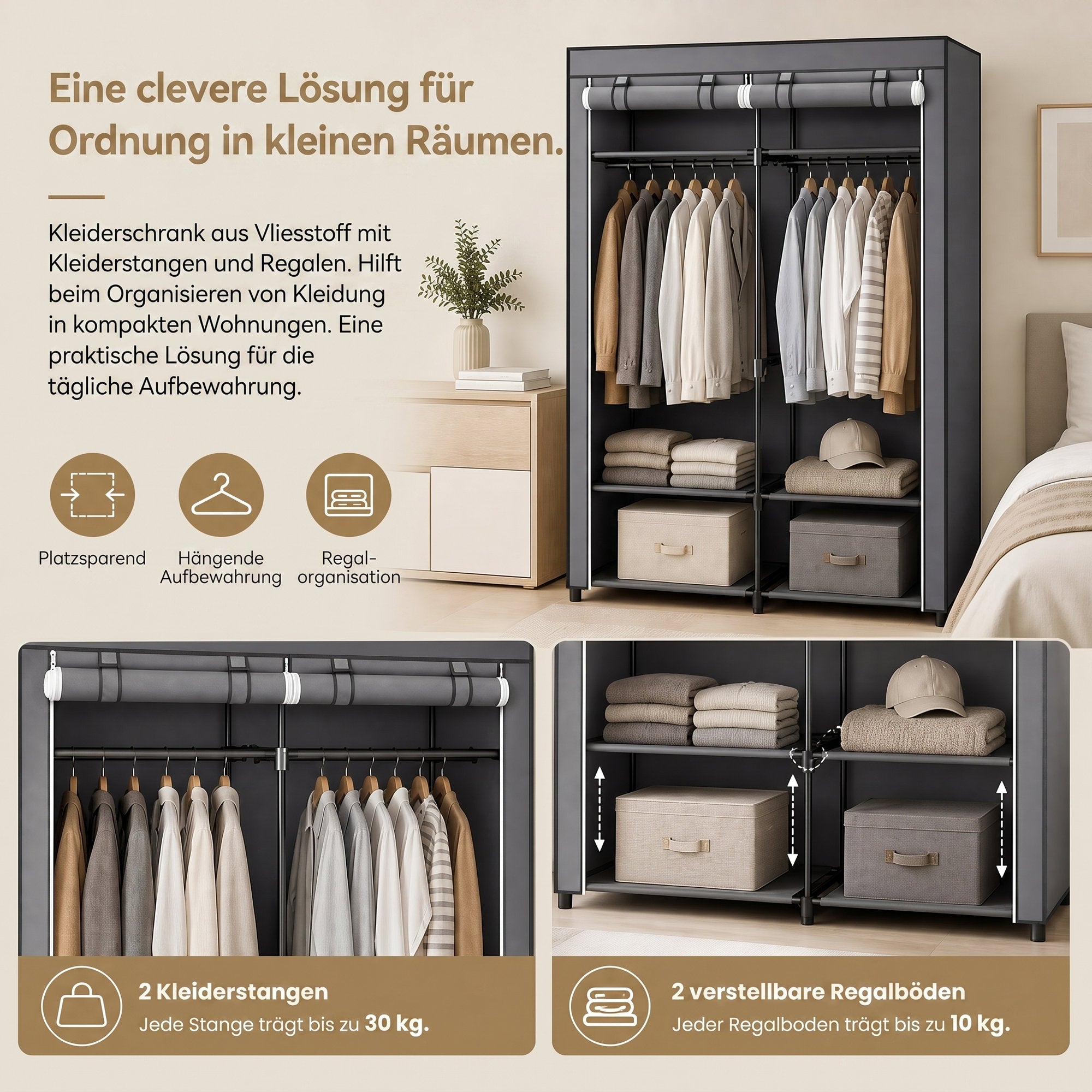 Kleiderschrank, Garderobe mit 2 Kleiderstangen, Kleidungsaufbewahrung