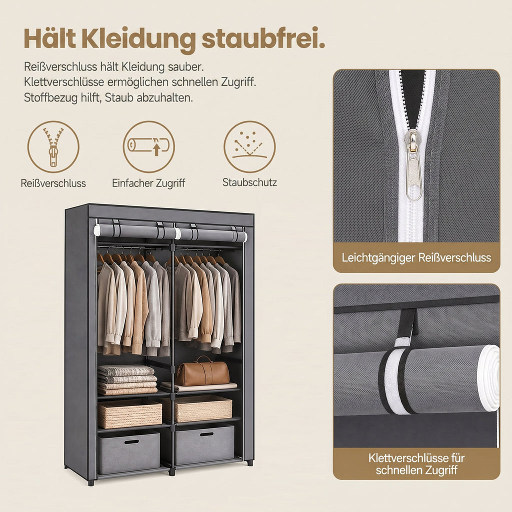 Kleiderschrank, Garderobe mit 2 Kleiderstangen, Kleidungsaufbewahrung