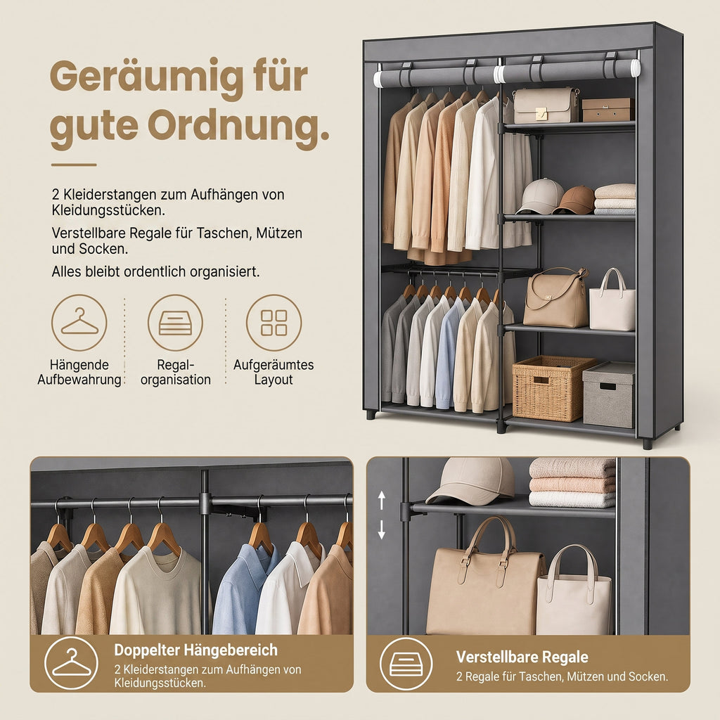 Kleiderschrank, Garderobe mit 2 Kleiderstangen, Kleidungsaufbewahrung