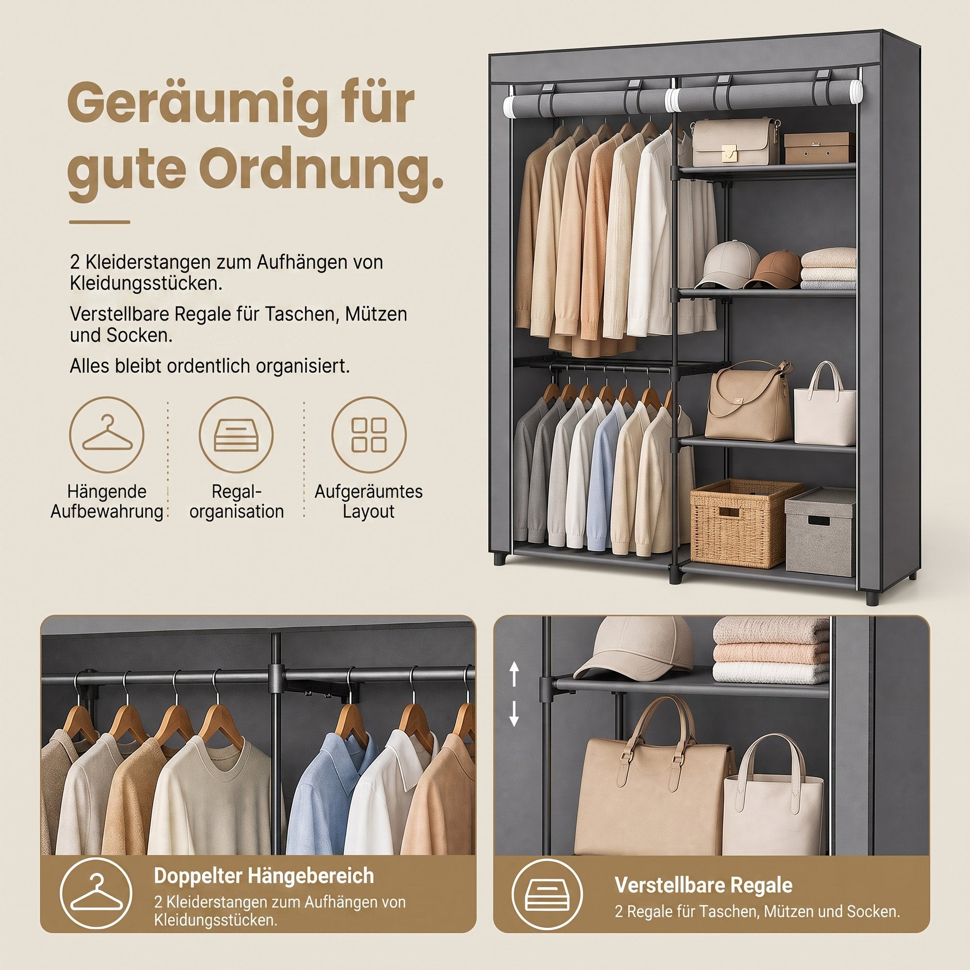 Kleiderschrank, Garderobe mit 2 Kleiderstangen, Kleidungsaufbewahrung