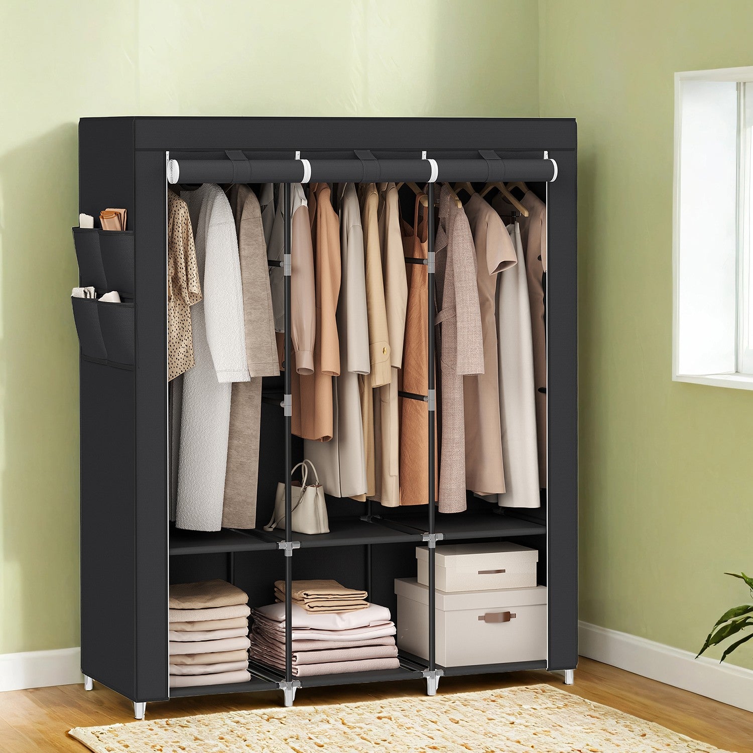 Stoffschrank mit 3 Kleiderstangen und 4 Seitentaschen