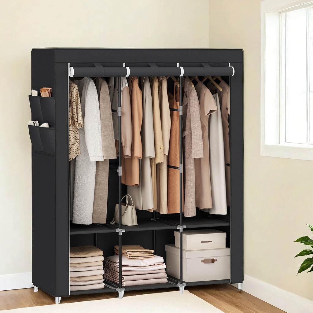 Stoffschrank mit 3 Kleiderstangen und 4 Seitentaschen