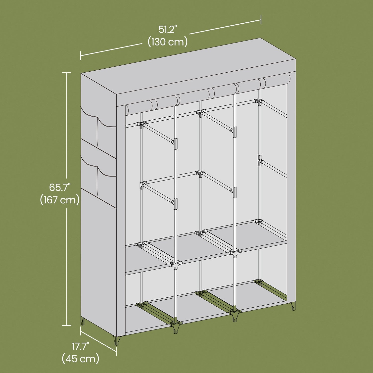 Stoffschrank mit 3 Kleiderstangen und 4 Seitentaschen