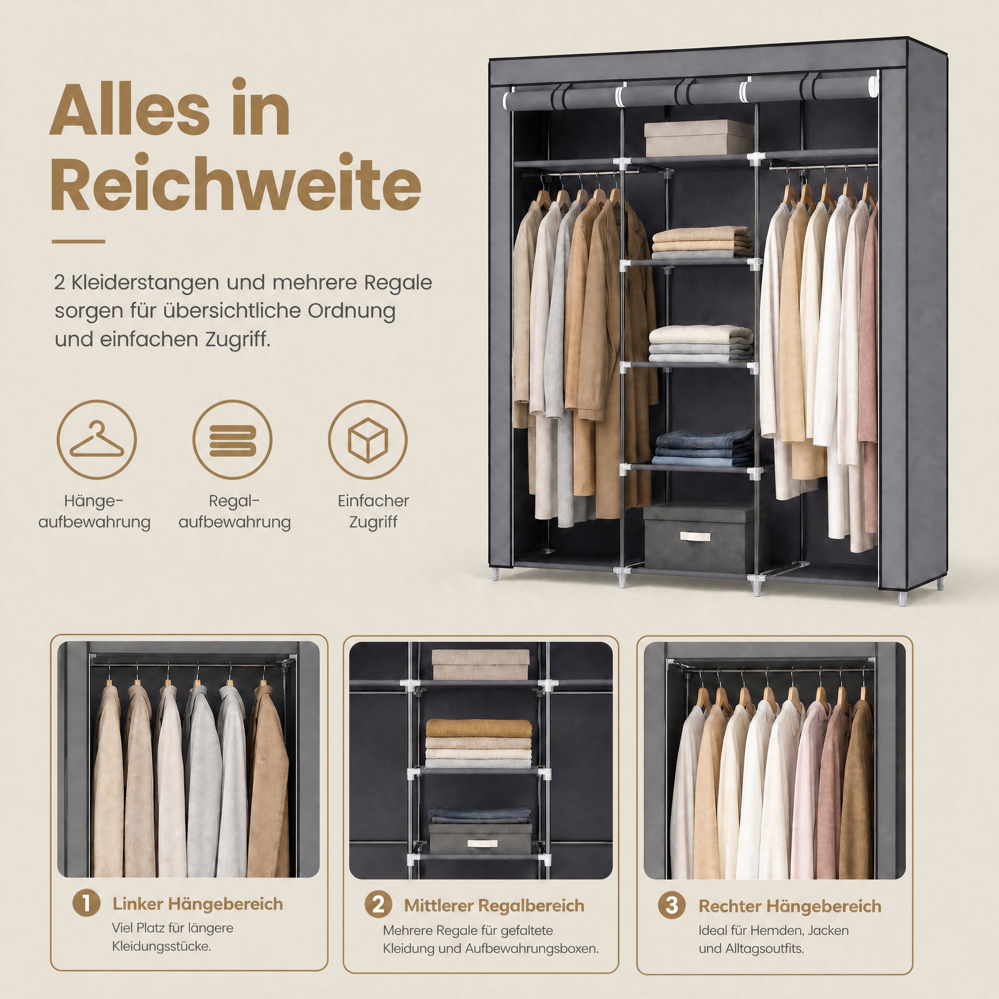 Kleiderschrank, Stoffschrank, faltbare Garderobe mit Kleiderstangen