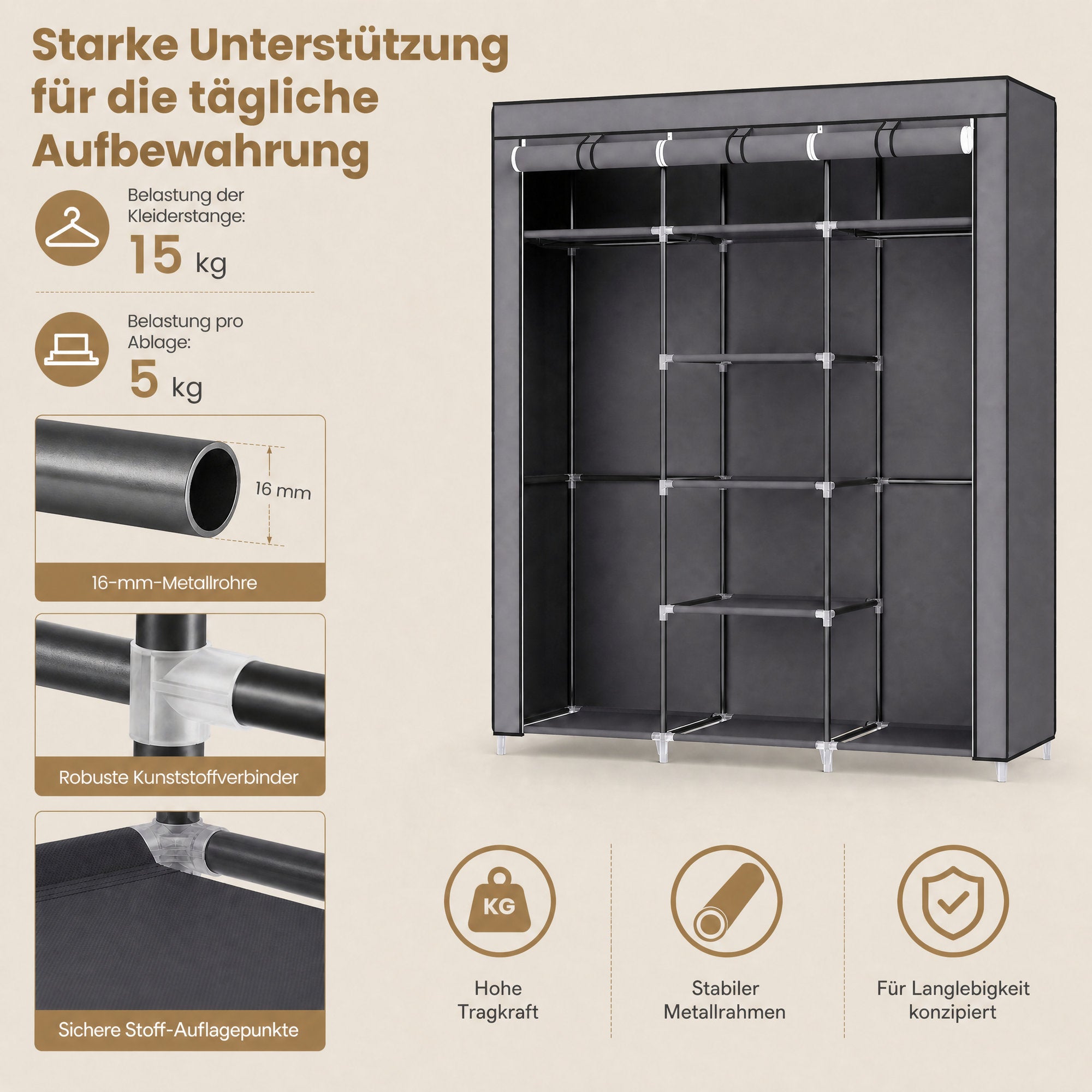 Kleiderschrank, Stoffschrank, faltbare Garderobe mit Kleiderstangen
