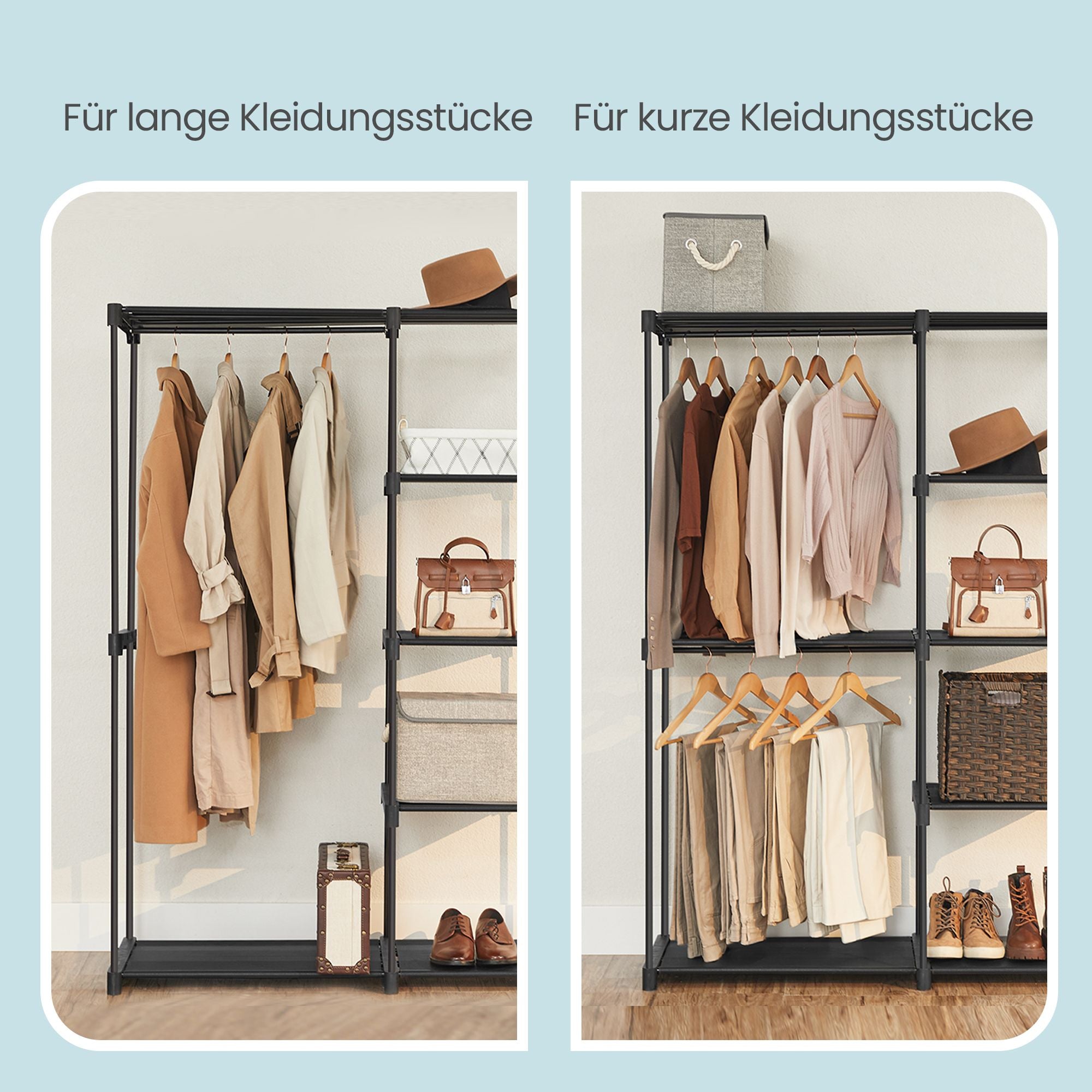 Kleiderständer mit Ablagen, offener Garderobenschrank, viel Stauraum für Schlafzimmer