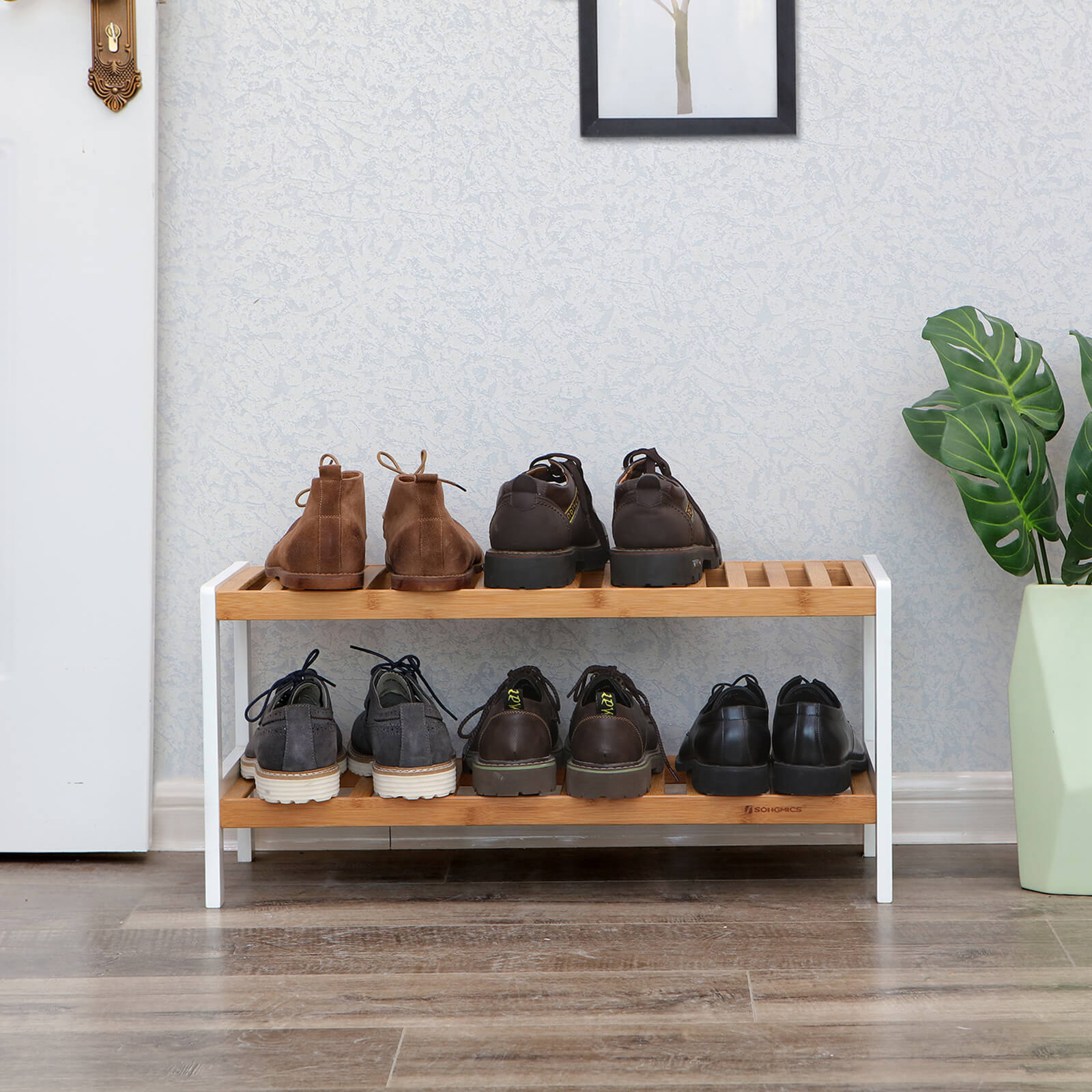 Schuhregal aus Bambus mit 2 Ebenen weiß-naturfarben